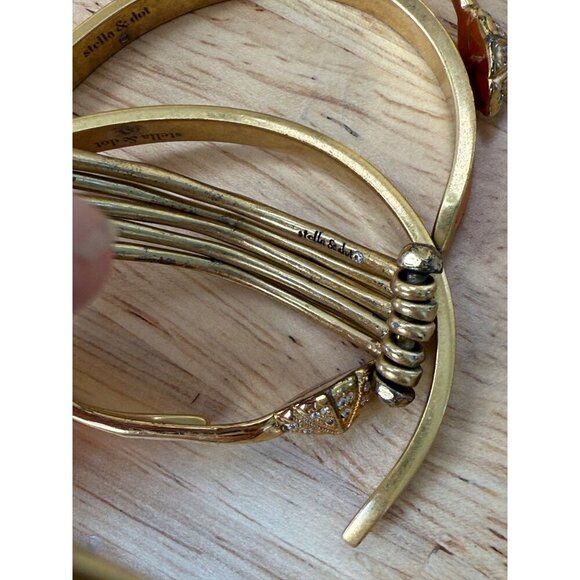 Stella & Dot Gold Cuff Bracelet Stack With Blue & Coral Enamel Rhinestone - Picture 14 of 14